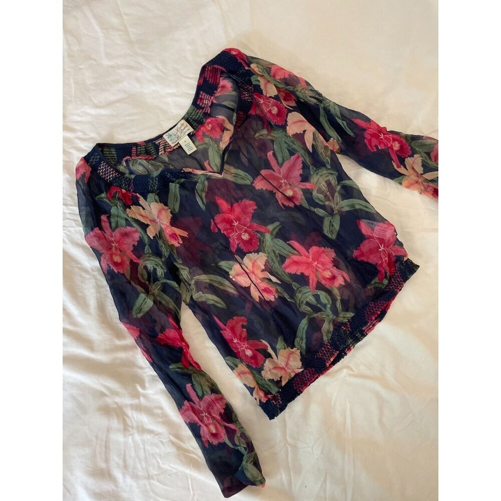 Lucky Brand  Y2K Vintage 100% Silk Floral Blouse With Tassels & Smocked Detail S